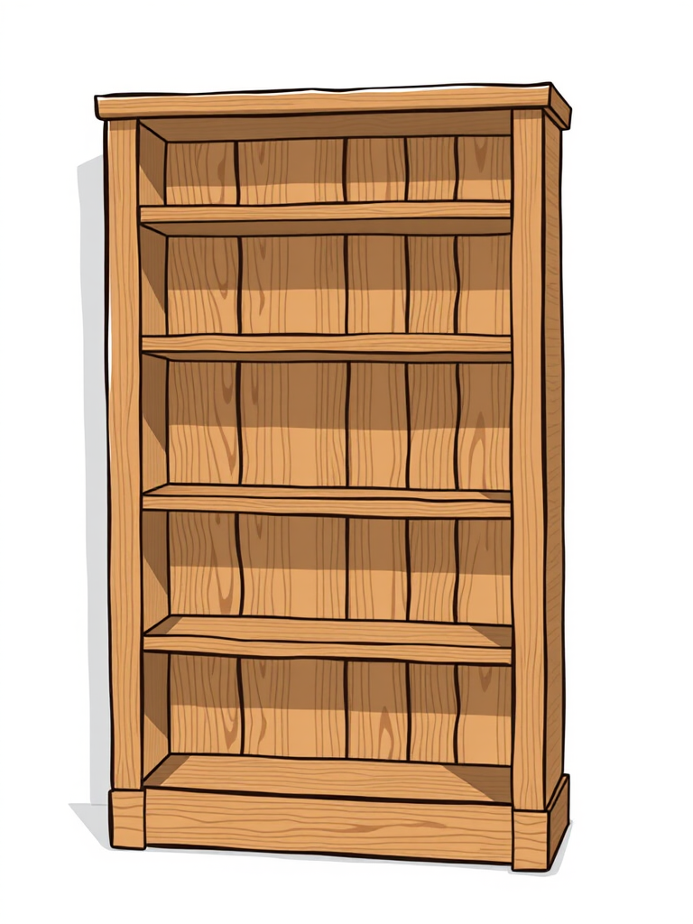 Create an illustration of a wooden bookshelf with four shelves, angled slightly to the right, using a DSLR camera with a 50mm lens, aperture f/2.8, ISO 100, and a shallow depth of field for enhanced visual quality.