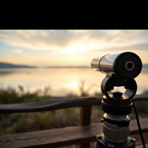 scenic view of a tranquil lakeside at dawn with a viewpoint telescope on a wooden railing, soft pastel colors in the sky, shallow depth of field, camera settings: f/2.8, ISO 100, shutter speed 1/60s, camera view: focal length 50mm, camera style: landscape photography, camera type: DSLR