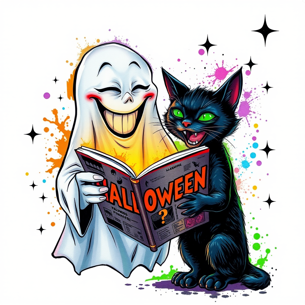 Image of a ghost and a black cat laughing exaggeratedly , and reading a comic halloween comic book, alcohol ink airbrush style, funny halloween theme, white background with neon purple, neon orange, neon green splash, black sparkles stars , dazzling BG