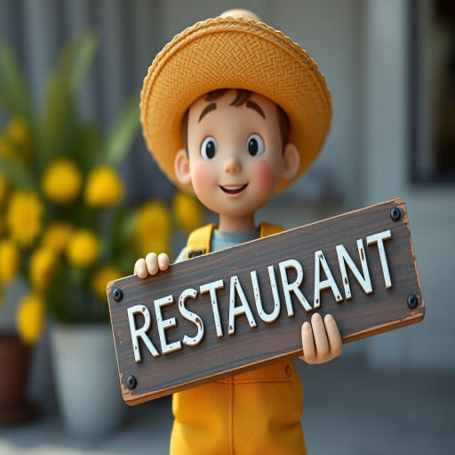 Create a 3D character of a simple humanoid figure with a straw hat and yellow overalls, holding a weathered sign that reads "RESTAURANT," captured in a high-resolution close-up shot with a DSLR camera, 50mm lens, f/1.8 aperture, and natural lighting to enhance details and colors.