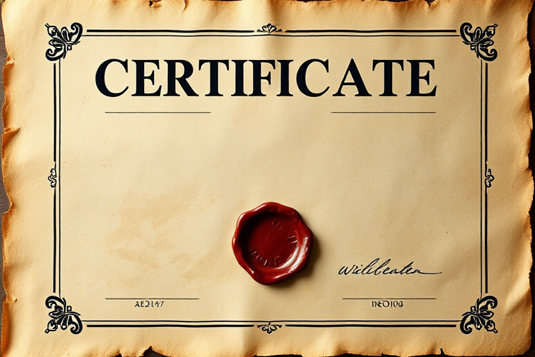 create an aged parchment certificate with a wax seal, use a Canon EOS R5 camera, 35mm lens, f/2.8 aperture, ISO 100, shot from a top-down view, natural lighting to enhance texture and detail
