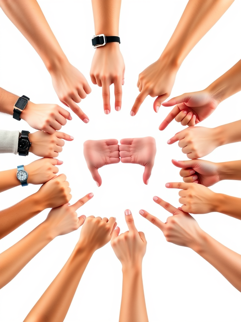 A circular arrangement of hands giving thumbs up and thumbs down against a white background, captured with a DSLR camera, aperture f/2.8, ISO 100, 1/200 sec, in a studio lighting setup to enhance clarity and contrast.