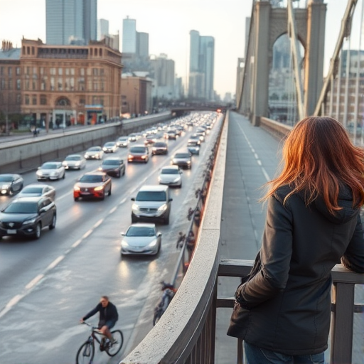 Busy city bridge at rush hour, cars and bicycles rushing by, a woman stands at the railing, watching the river flow beneath, her coat flapping in the breeze.