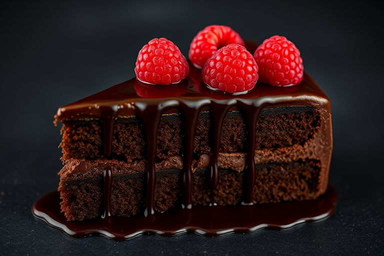A delicious slice of chocolate cake with rich chocolate frosting drizzled with chocolate sauce topped with fresh raspberries on a dark background.