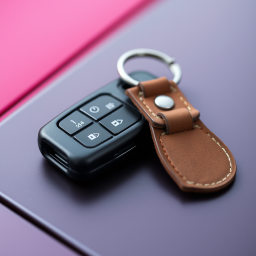A close-up shot of a black car key with a keychain and a brown leather tag, taken with a DSLR camera at f/2.8 aperture, ISO 100, 50mm lens, natural lighting for enhanced detail and clarity.