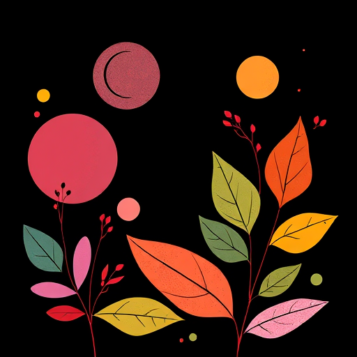 Create a vibrant illustration featuring abstract shapes and stylized leaves, using a black background to enhance contrast, captured with a 35mm lens at f/2.8, ISO 100, and a slight vignette effect for a polished look.