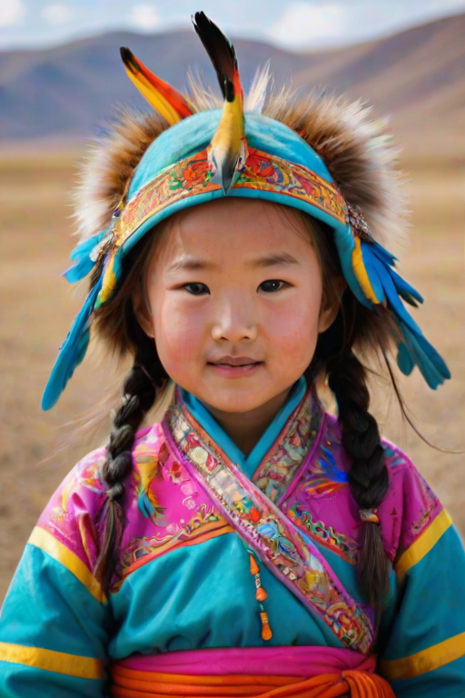 A beautiful Mongolian girl, wearing colorful bird clothing with vibrant colors