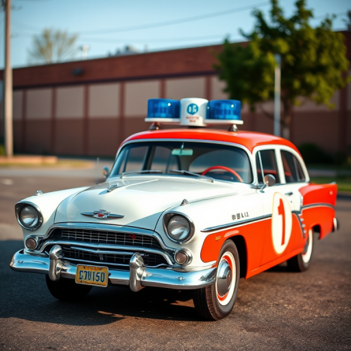Generate an image of a vintage emergency vehicle resembling a white and red sedan with blue lights on top, captured in a three-quarter view using a DSLR camera at f/5.6 aperture, ISO 100, 50mm lens, with soft natural lighting to enhance details and reflections.