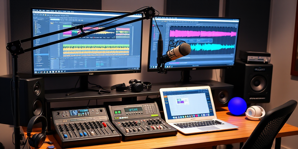 Create a high-resolution image of a modern music production setup featuring two large monitors displaying music software, a microphone on a boom arm, a digital audio mixer, headphones, and a laptop, shot with a DSLR camera at f/2.8, ISO 100, shutter speed 1/60s, 24mm lens, in a well-lit studio with a focus on the workspace.