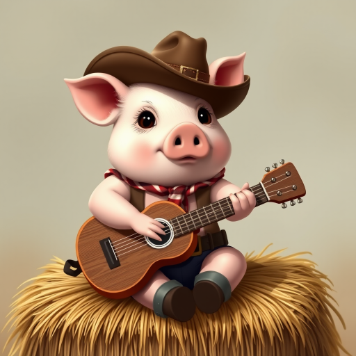A chibi pig, dressed as a cowboy, playing guitar, sitting on a hay bale