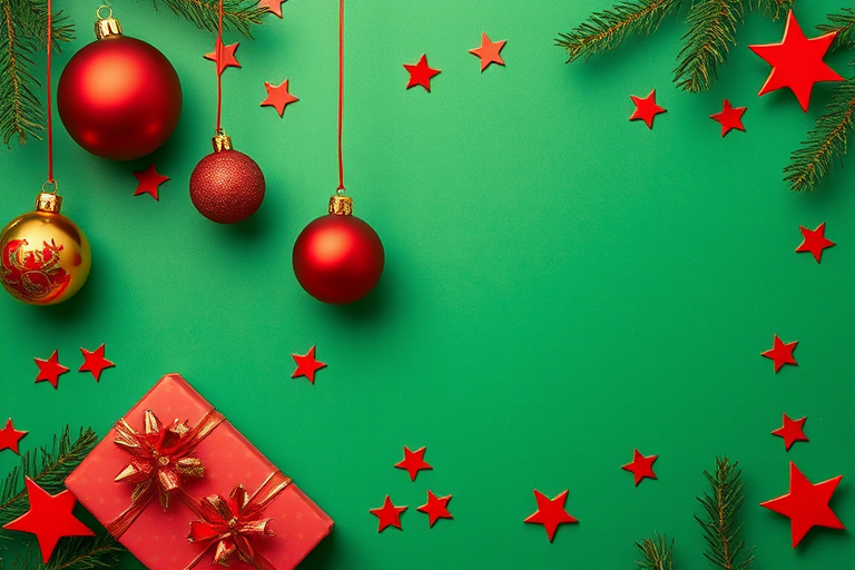 Generate a festive holiday scene featuring a green background with red and gold Christmas ornaments, presents wrapped in colorful paper with bows, and scattered red stars. Include a touch of evergreen branches for a seasonal feel.