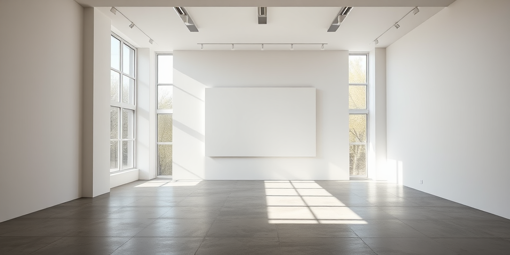 interior architecture design of a minimalist gallery space featuring a plain wall with a large blank canvas, natural light flooding in from large windows, clean lines and concrete floors, captured with a DSLR camera, aperture f/8, ISO 200, shutter speed 1/125s, wide angle view, high dynamic range style