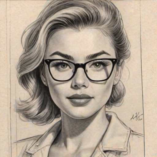 Radiant Peyton List, pencil sketch, portrait of Magnificent woman 1955s in glasses, hair style beatnik, outline, clear lines, fine lines, 8k