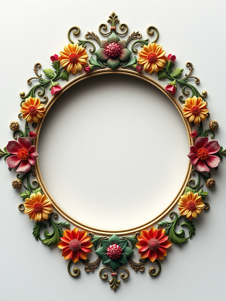 create a colorful ornate circular frame with intricate floral and vine designs, high resolution, 50mm lens, f/2.8 aperture, ISO 100, studio lighting, shot from a top-down view, digital art style