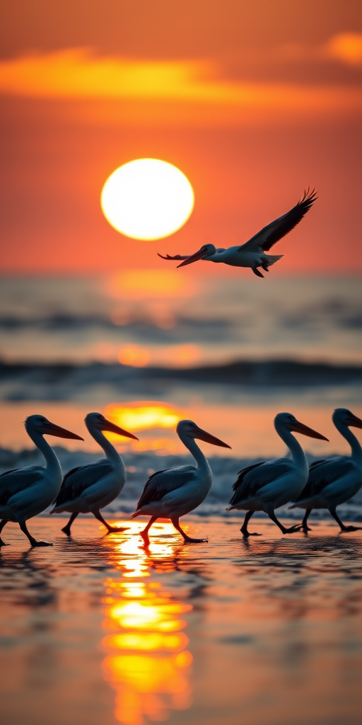 wild pelicans walking along the shore with one in mid-flight at sunset, captured with a Canon EOS R5, 85mm lens, f/8 aperture, 1/1000s shutter speed, ISO 200, natural light with a shallow depth of field to blur the background, emphasizing the birds in sharp focus.