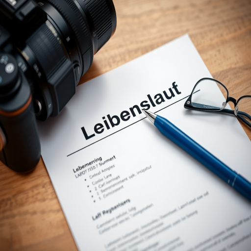 Capture a close-up shot of a resume titled 'Lebenslauf' with a blue pen and glasses resting beside it, using a DSLR camera, 50mm lens at f/2.8 aperture, ISO 100, and natural lighting for enhanced clarity and detail.