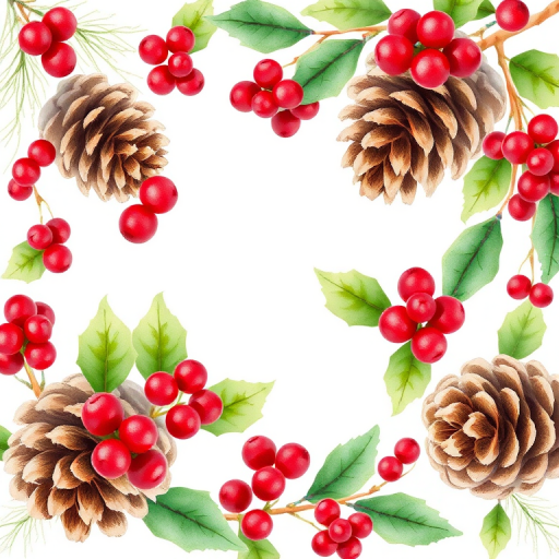 Create a vibrant watercolor illustration of pine cones, holly leaves, and red berries arranged in a festive design with a soft focus, using a DSLR camera with a 50mm lens at f/2.8, ISO 100, and a natural light setup to enhance color saturation and details.