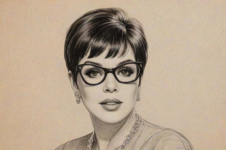Elegant Liza Minnelli, pencil sketch, portrait of Sublime woman 1961s in glasses, hair style beatnik, outline, clear lines, fine lines, 8k