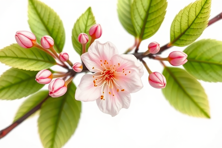 create a detailed illustration of a flower branch with intricate leaves and blooms, macro lens, aperture f/2.8, shutter speed 1/125, ISO 100, natural light, top-down view, DSLR camera