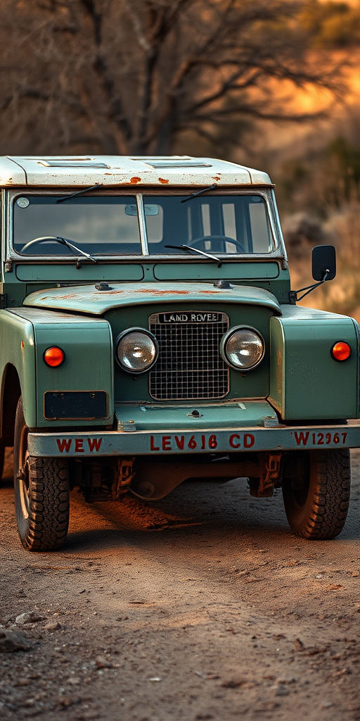 vintage Land Rover off-road vehicle parked on a dirt road with a rustic background, captured with a Canon EOS R5, 50mm lens, f/1.8, ISO 100, shutter speed 1/250s, natural light, high dynamic range for enhanced detail and colors