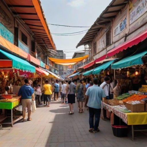 Vibrant marketplace bustling with vendors, their colorful wares displayed under bright awnings, the air filled with the aroma of street food and chatter of excited customers.
