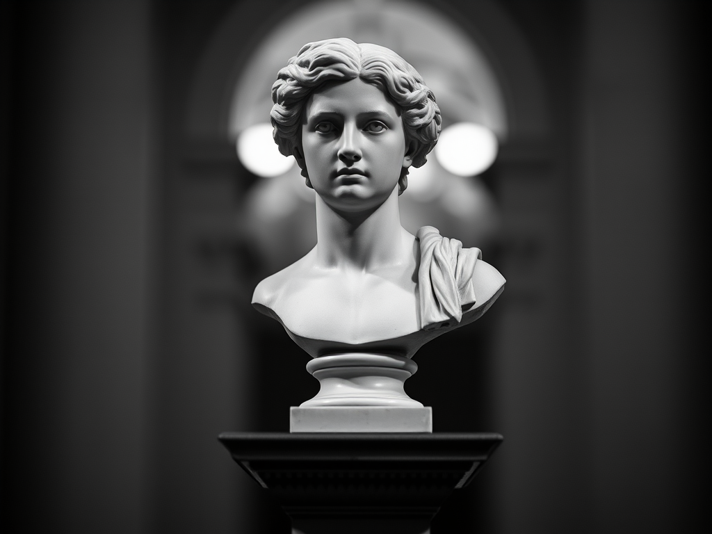 high contrast black and white photograph of a classical bust sculpture on a pedestal with soft bokeh background, aperture f/1.8, ISO 100, shutter speed 1/250s, taken with a 50mm lens using a mirrorless camera
