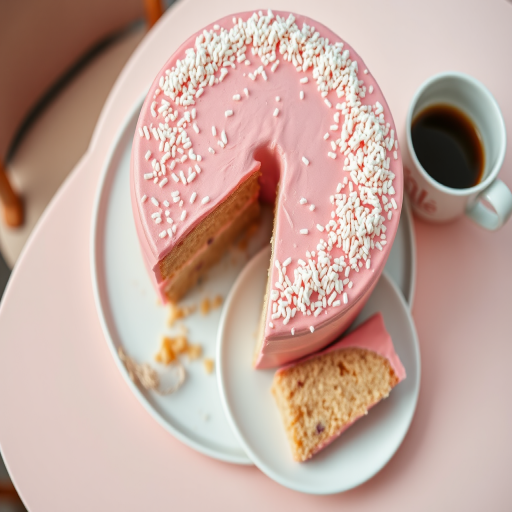 A beautifully decorated round pink cake with a smooth icing topped with white sprinkles and a slice removed, served on a pastel table setting with a cup of coffee and a plate that holds the slice of cake.