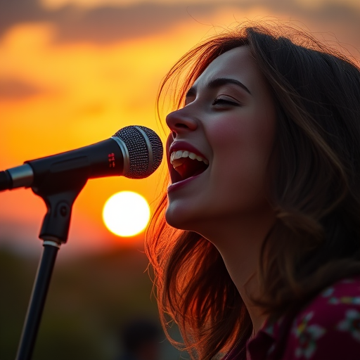 Capture a vibrant portrait of a young woman singing passionately into a microphone against a colorful sunset backdrop, using a Canon EOS 5D Mark IV with a 50mm f/1.4 lens, a soft-focus style, and a warm color palette for emotional depth.