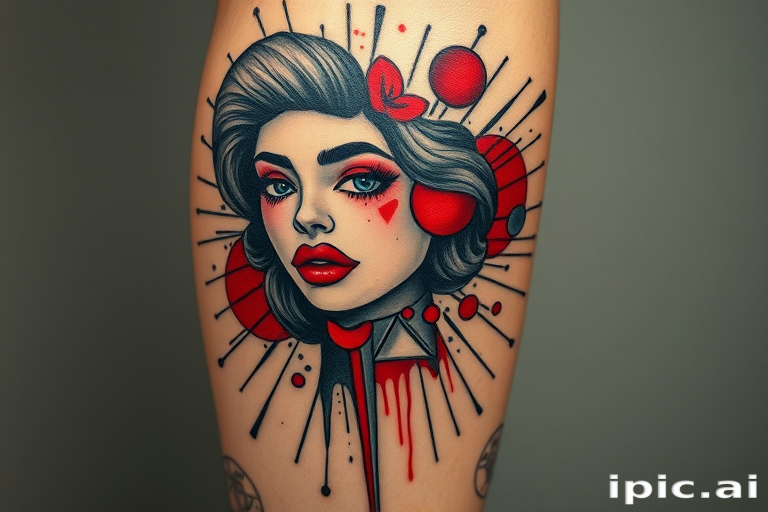Avant-garde trash polka tattoo on the leg combining realistic elements with abstract shapes and bold red accents creating a chaotic yet harmonious composition