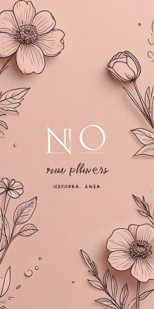 create a minimalist design featuring delicate line art of flowers with the phrase "No Rain, No Flowers" centered below in an elegant font on a soft pink background