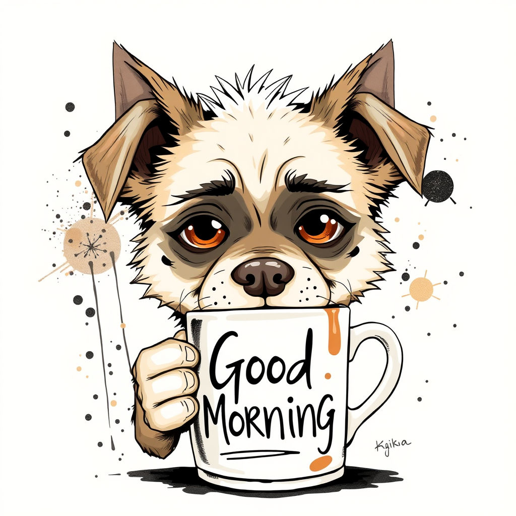A quirky, artistic illustration of a disheveled akita pit dog breed with exaggerated, large eyes and spiky fur, holding a coffee mug that reads "Good Morning". The dog has a tired but humorous expression, with ink splatters and abstract details surrounding it, giving a whimsical feel to the image. The color palette is mostly monochrome with hints of brown in the eyes and steam rising from the mug, enhancing the overall sleepy vibe
