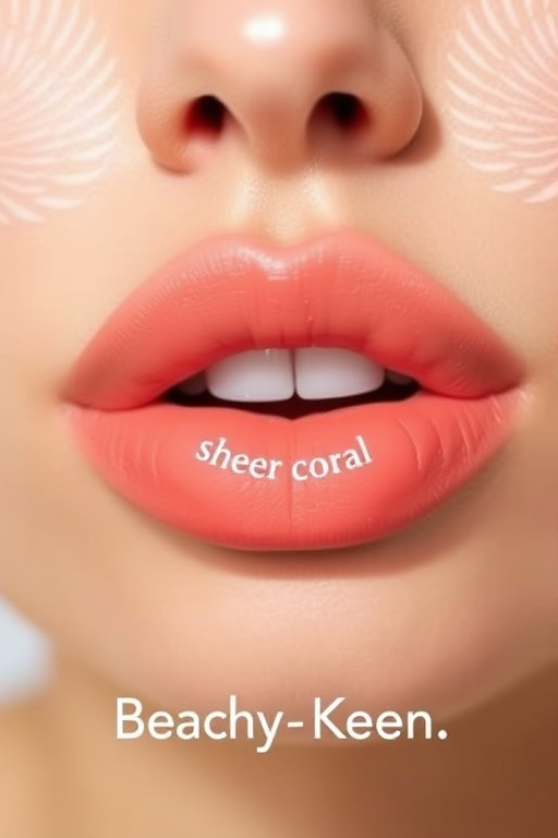 Sheer coral lips with a balm-like texture, titled "Beachy Keen," offer a natural-looking tint and a nourishing formula for everyday wear