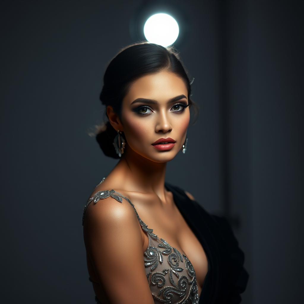 Studio portrait, female model, elegant couture dress, bold makeup, dramatic lighting, Utilize a 50mm portrait lens for crisp details and a soft background blur, 8k