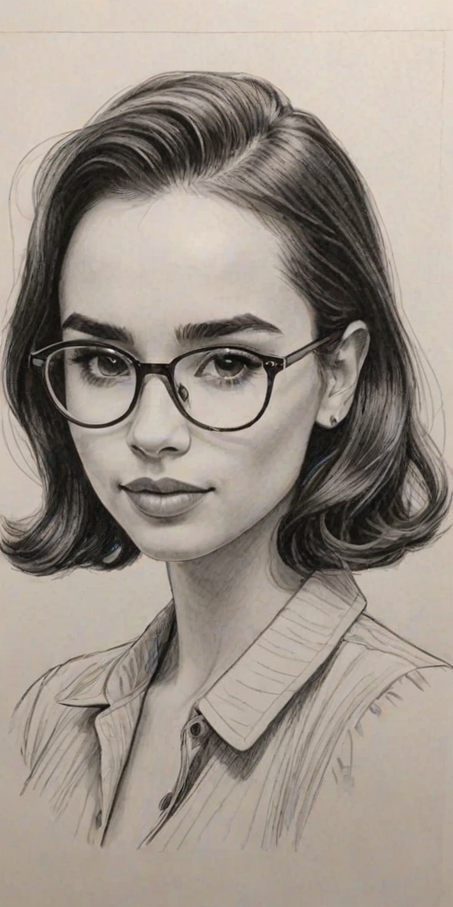 Radiant Sofia Carson, pencil sketch, portrait of Ravishing woman 1941s in glasses, hair style beatnik, outline, clear lines, fine lines, 8k