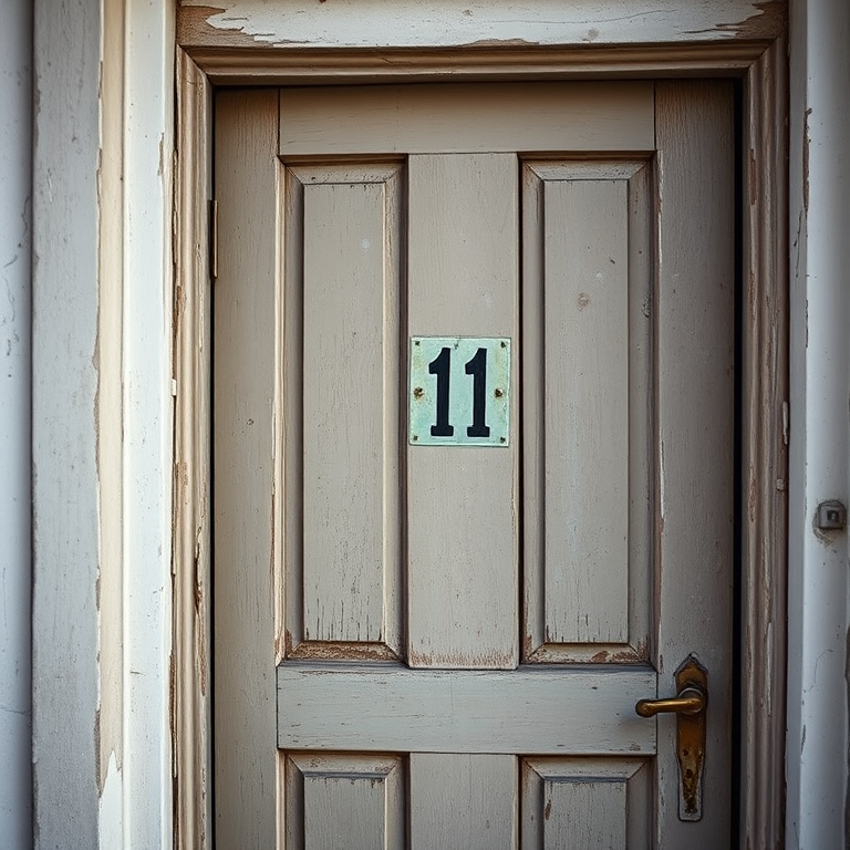 Capture a vintage wooden door with peeling paint, featuring a clear number 11 on the frame, shot in natural daylight with a DSLR camera at f/8 aperture, ISO 100, 35mm focal length, focused at eye level, using a slight vignette to emphasize the door details.