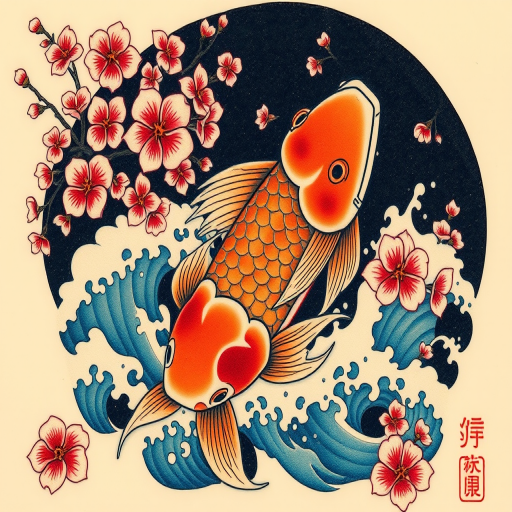 Japanese-inspired irezumi tattoo called "Koi Ascension" featuring a dynamic koi fish swimming upstream through cherry blossoms and turbulent waves, utilizing traditional techniques and vibrant colors