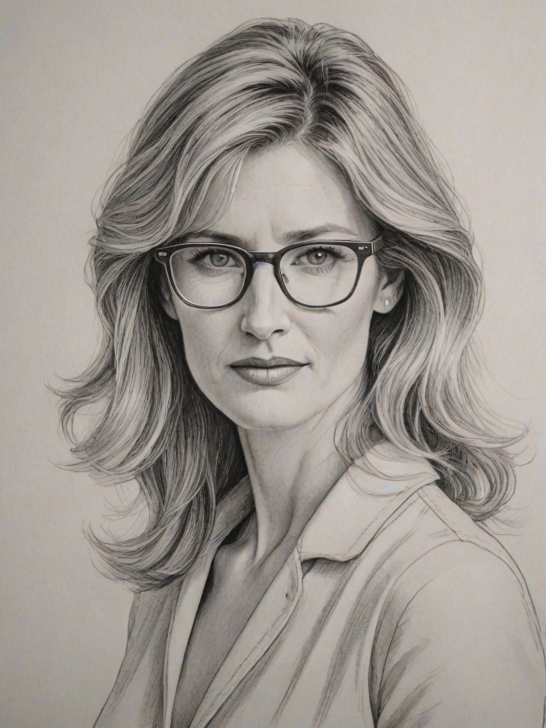 Elegant Laura Dern, pencil sketch, portrait of Attractive woman 1964s in glasses, hair style beatnik, outline, clear lines, fine lines, 8k