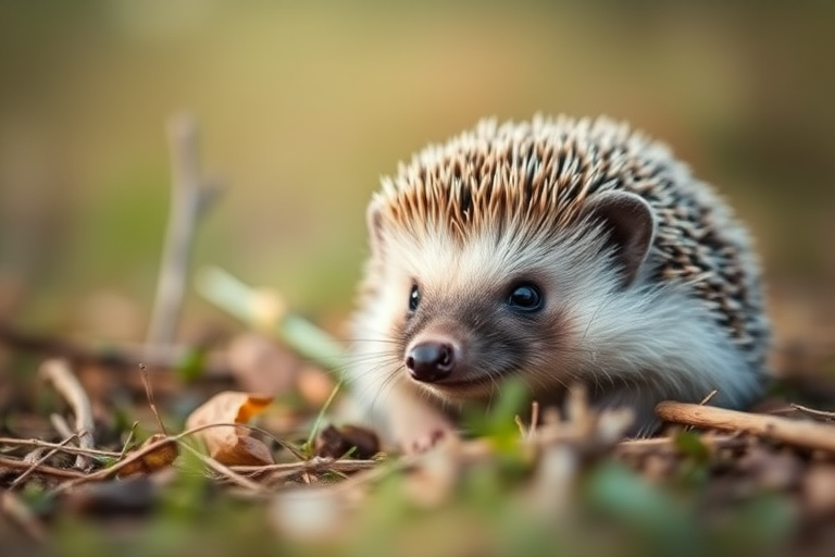 Hedgehog in a natural setting, close-up, soft focus background, f/2.8 aperture, 50mm lens, ISO 200, natural light, macro photography, DSLR camera.
