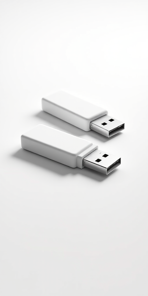 Generate a highly detailed 3D rendering of two minimalist white USB character figures, one lying flat with its USB connector visible and the other in a resting position, with soft shadowing, using a Canon DSLR camera with a 50mm lens, f/1.8 aperture, ISO 200, and a clean white background to enhance focus on the subjects.