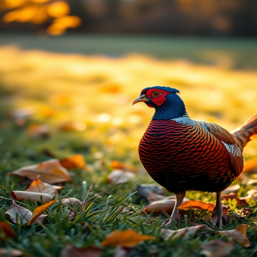 capture a close-up of a colorful pheasant walking in a grassy area with autumn leaves, shallow depth of field, golden hour lighting, 50mm lens, f/2.8 aperture, ISO 200, DSLR camera, natural setting