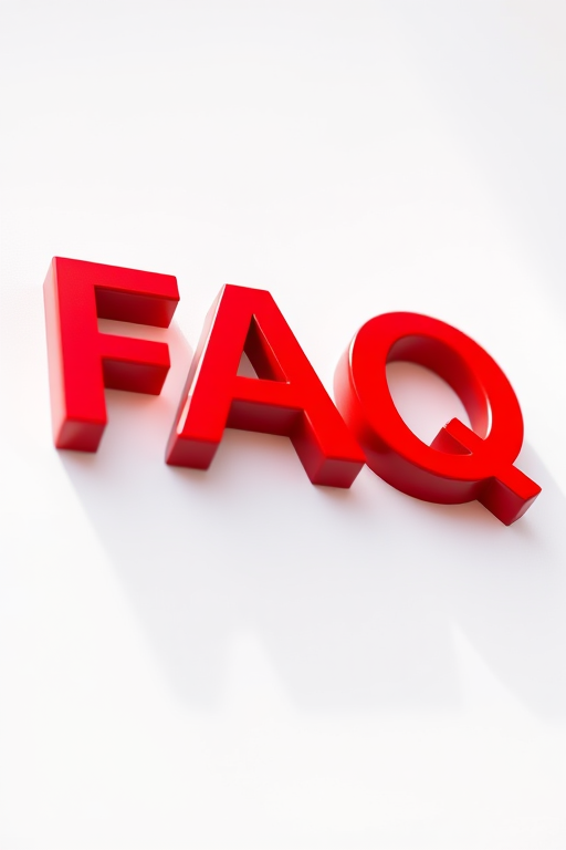 3D text "FAQ" in bold red with a glossy finish on a white background, taken with a Canon EOS 5D Mark IV, 50mm lens, f/2.8, ISO 100, natural lighting, shallow depth of field.