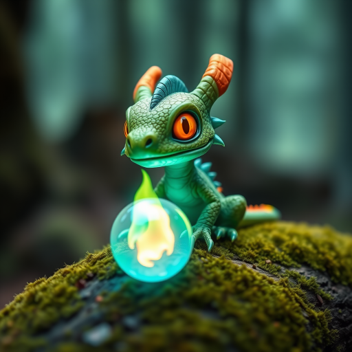 A small green dragon sitting on a mossy log with bright orange eyes and teal spikes, glowing fireball in front of it, surrounded by a mystical forest atmosphere, shot with a DSLR camera at f/2.8, ISO 100, 50mm lens, macro view, high dynamic range style, vibrant color enhancement.