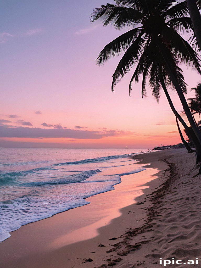 Tranquil Sunset Over Serene Beach with Palm Trees and Gentle Waves