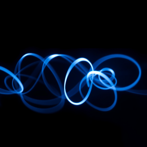 Create an abstract image of swirling blue light trails on a black background, captured with a Canon EOS R5, 50mm lens, f/1.8 aperture, ISO 100, shutter speed 1/60s, in long exposure style to enhance luminosity and depth.