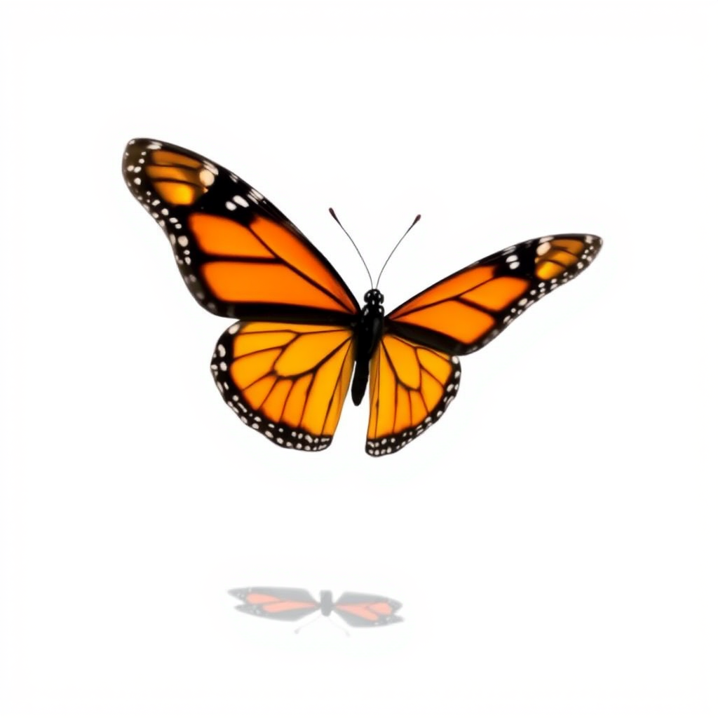Generate an image of a monarch butterfly with vibrant orange and black wings, positioned in mid-flight against a plain white background, casting a subtle shadow beneath it.