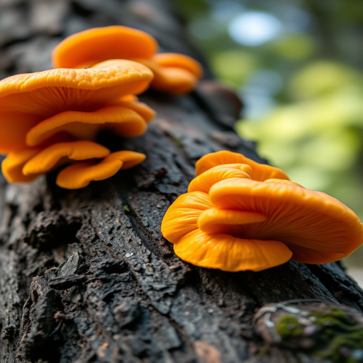 Capture a vibrant shot of large orange fungi growing on a tree trunk, use a macro lens with an aperture of f/4 to create a shallow depth of field, set ISO to 200 for clarity, utilize a tripod for stability, and employ natural lighting to enhance texture and colors.