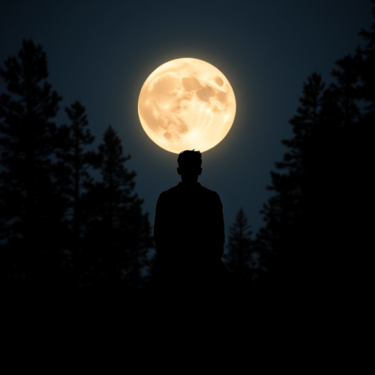 Create a high-resolution silhouette image of a person sitting on a rock with a large, bright full moon in the background surrounded by tall pine trees, shot with a Canon EOS 5D Mark IV at f/11, ISO 100, 1/60 sec, in a landscape orientation using a wide-angle lens.