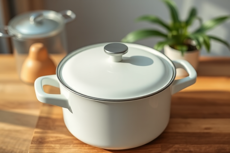 Create a high-resolution image of a white cooking pot with a lid, using a shallow depth of field to blur the background, shot with a 50mm lens at f/2.8, in natural light, with a top-down view, using a DSLR camera.