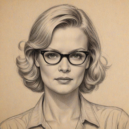 Captivating Martha Plimpton, pencil sketch, portrait of Bewitching woman 1944s in glasses, hair style beatnik, outline, clear lines, fine lines, 8k