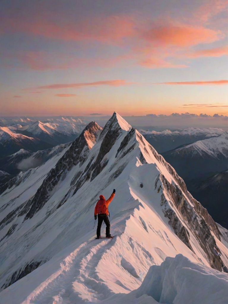 Crisp, clear shot of a mountain peak at sunrise, climber standing at the summit, arms raised in victory, bright orange and pink clouds in the sky, snow-covered peaks in the background, ice axe planted in the ground beside them, soft shadows across the snow, wind whipping the climber's jacket.